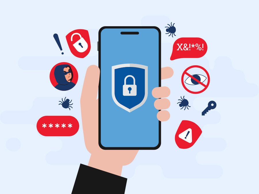 Image is an illustration of a hand holding up a cellphone. On the cellphone screen is a shield and padlock. Floating around the hand and phone are graphics depicting online dangers: bugs, unlocked padlocks, keys, etc.