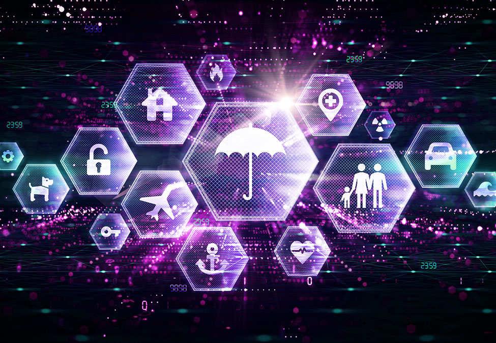 Graphic shows several hexagons with a symbol in each one. For example, one has an umbrella, one has a home, one has a padlock, one has a family, etc.