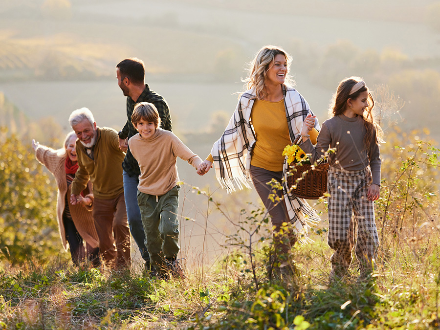 Stock photo shows six people. They are all holding hands as the girl on the right leads the group — consisting of two children, two adults, and two older adults — up a hill. They are outside, and there are tall flowers around them.