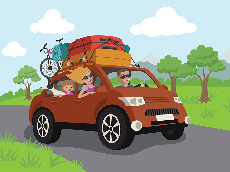Illustration shows a family in a car with luggage and bicycles strapped to the roof. The parents in the front seat are wearing sunglasses, a dog in the backseat is sticking its head out the window, and there is green grass, trees and mountains alongside the road.