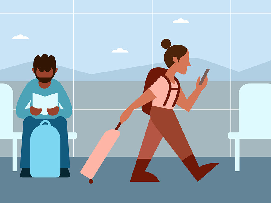 Illustration shows a woman walking through an airport, suitcase in one hand and cellphone in the other. There is also a man seated, reading a book with a suitcase on the floor by his legs.