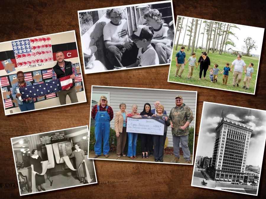 Image is a compilation of several snapshots from WoodmenLife's history. Included are a flag presentation, a check presentation, a family, and black-and-white photos.