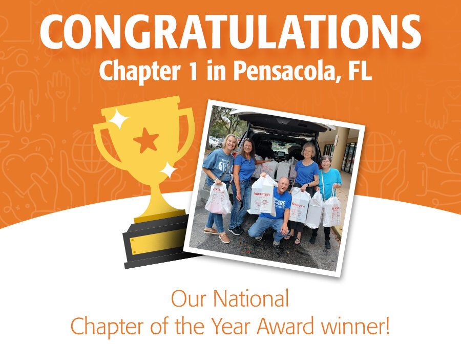 Image includes the words "Congratulations, Chapter 1 in Pensacola, FL, Our National Chapter of the Year Award winner!" The image includes a photo of a group of chapter members holding up bags of donations. Alongside the photo is an illustration of a trophy. The top half of the background of the image is orange, and the bottom half is white.