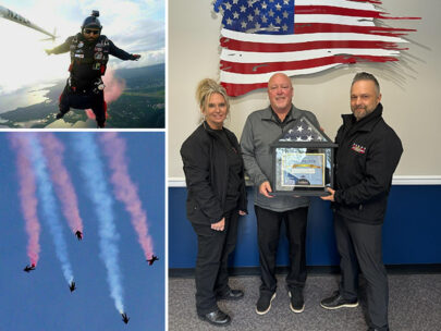 Image is a collage of three photos. In one photo, WoodmenLife Regional Director Spencer Owen receives a framed certificate from two representatives of All Veteran Group. Another photo shows a parachutist with AVG jumping out of a plane, the ground far below him. The third photo is of five parachutists falling through the sky, each with red or blue smoke trailing behind them.