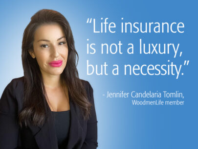 Graphic includes a photo of WoodmenLife member Jennifer Candelaria Tomlin on a blue background. Beside her is a quote from the blog: "Life insurance is not a luxury but a necessity."