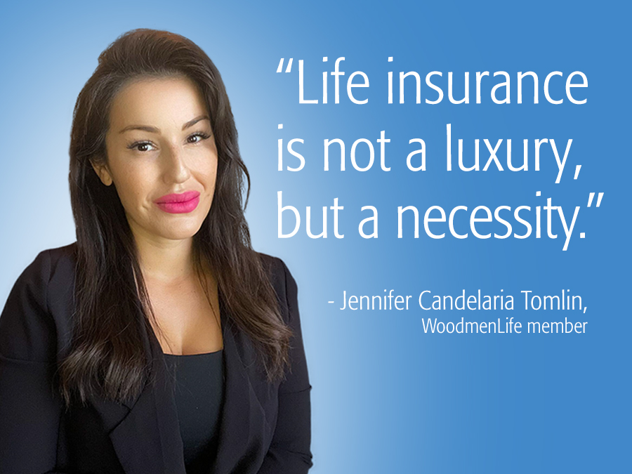 Graphic includes a photo of WoodmenLife member Jennifer Candelaria Tomlin on a blue background. Beside her is a quote from the blog: "Life insurance is not a luxury but a necessity."
