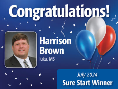 Graphic has a blue background and says "Congratulations! Harrison Brown, Iuka, MS, July 2024 Sure Start Winner." The graphic also includes Harrison's professional headshot, as well as celebratory balloons and confetti in the background.