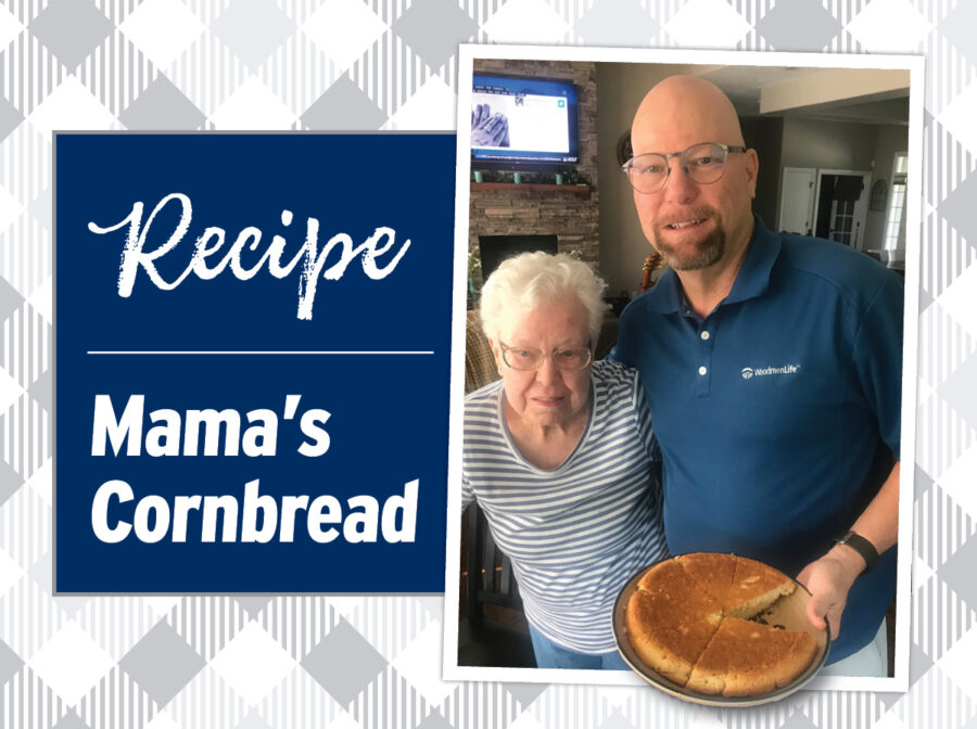 This image includes the words "Recipe Mam's Cornbread" and a photo of Executive Vice President & Chief Marketing Officer Kyle McMahan with his mother. The background of the image is white and gray checkered.