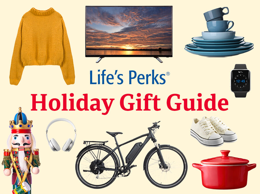 At the center of the image are the words "Life's Perks® Holiday Gift Guide." Surrounding the words are items in the gift guide, including a sweater, TV, stack of dishes, smart watch, sneakers, cooking pot, bicycle, headphones and a Nutcracker.