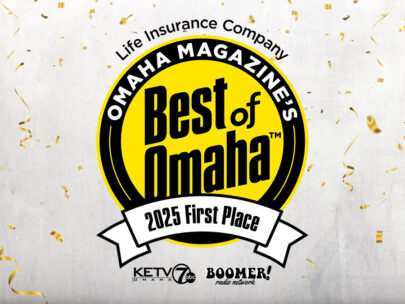 Image features the Best of Omaha logo -- a yellow circle with black accents. The logo says "Omaha Magazine's Best of Omaha 2025 First Place." The background of the image around the Best of Omaha logo is gold confetti.