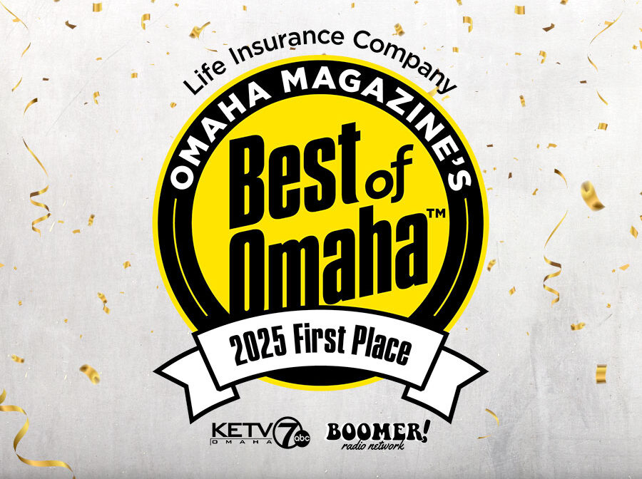 Image features the Best of Omaha logo -- a yellow circle with black accents. The logo says "Omaha Magazine's Best of Omaha 2025 First Place." The background of the image around the Best of Omaha logo is gold confetti.