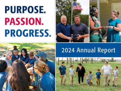 Graphic includes the copy "Purpose. Passion. Progress. 2024 Annual Report." There are also four different photos arranged around the copy. The photos include: two men standing in front of a flagpole holding a small glass award; two women smiling and exchanging a check; a family of eight holds hands and walks in a line across the grass, smiling at each other; and a group of adults and students standing in a circle, putting their hands in the middle.