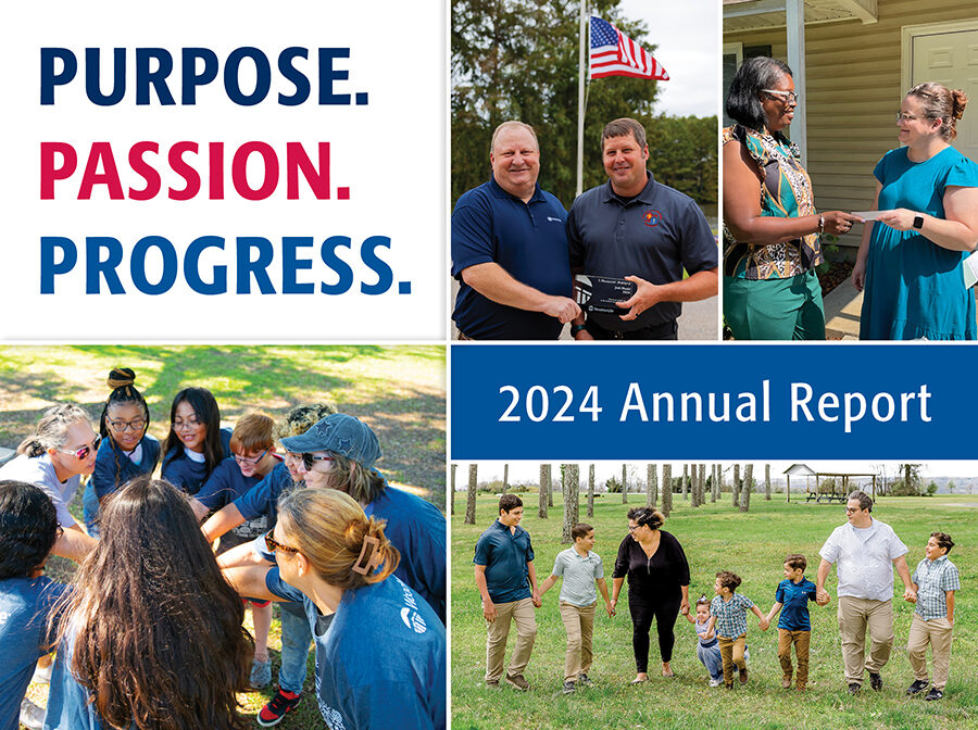 Graphic includes the copy "Purpose. Passion. Progress. 2024 Annual Report." There are also four different photos arranged around the copy. The photos include: two men standing in front of a flagpole holding a small glass award; two women smiling and exchanging a check; a family of eight holds hands and walks in a line across the grass, smiling at each other; and a group of adults and students standing in a circle, putting their hands in the middle.