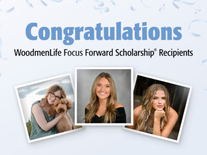 Graphic includes the copy "Congratulations WoodmenLife Focus Forward Scholarship® Recipients." Below the words are photos of three young women who have received the scholarship. The background of the image includes confetti.