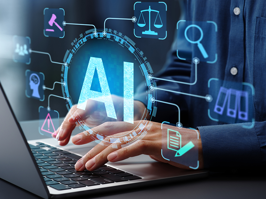 Image is a graphic that shows hands on a laptop keyboard. Floating in front of the laptop screen are is a digital graphic that says "AI," surrounded by various symbols, like a magnifying glass, a pencil and paper, and a gavel.