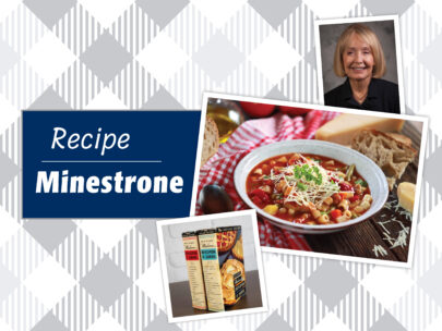 Graphic includes the words "Recipe" followed by "Minestrone." Graphic also includes three photos: a bowl of minestrone soup, Lynn Espeland's professional headshot, and two volumes of Meta Given’s Modern Encyclopedia of Cooking. The background of the graphic is gray-and-white checkered.