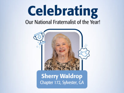 Graphic says "Celebrating Our National Fraternalist of the Year! Sherry Waldrop, Chapter 172, Sylvester, GA." In the middle of the graphic is a photo of Sherry.