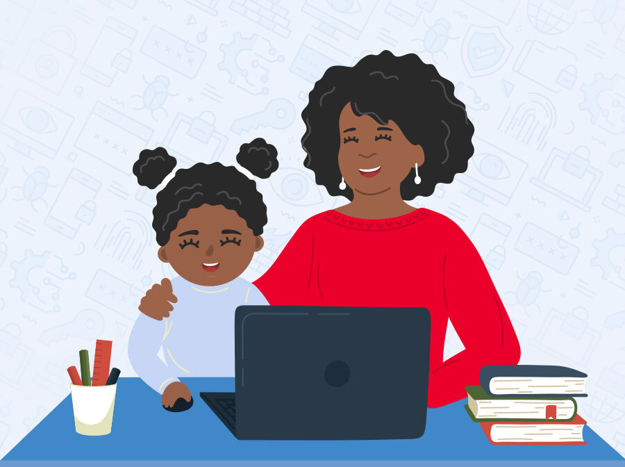 Image is an illustration of a mom and daughter sitting in front of an open laptop. Sitting on either side of the computer are a stack of books and a cup with pens/pencils.