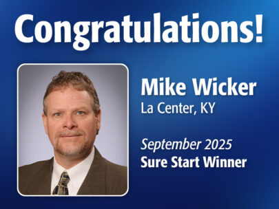 Image includes the text "Congratulations! Mike Wicker, La Center, KY, September 2025 Sure Start Winner." Image includes Mike's professional headshot and has a dark blue, textured background.