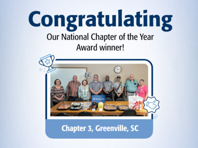 Graphic says "Congratulating Our National Chapter of the Year Award Winner! Chapter 3, Greenville, SC." At the center of the graphic is a photo of a chapter community service project: A row of eight people are standing behind a table of lunch for local First Responders.