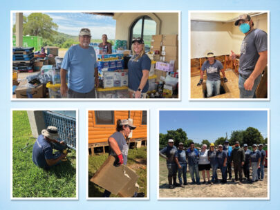 Image is a photo array with five pictures. In the photos are people wearing WoodmenLife-branded shirts, doing a variety of things to help those affected by the Texas flooding. There is a photo of donated cleaning supplies and of people helping in and around houses damaged by the floodwaters.