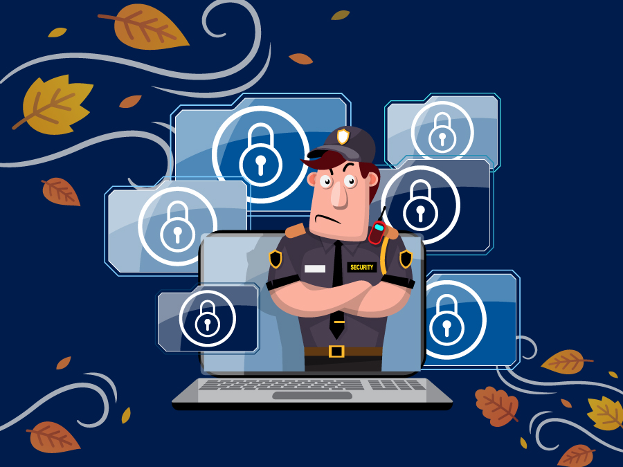 This illustration shows an open laptop at the center with a stern-looking cartoon police officer popping out. There are graphics of padlocks floating around the police officer. The image has a navy blue background, and autumnal leaves are floating around the edge.