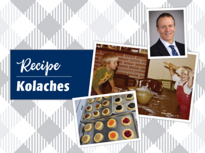 Graphic includes the words "Recipe" followed by "Kolaches." Graphic also includes three photos: a photo from the 1970s that shows two children playing with a rolling pin, flour, and dough; Ken Knaub's professional headshot; and baking trays of filled, uncooked kolaches. The background of the graphic is gray-and-white checkered.