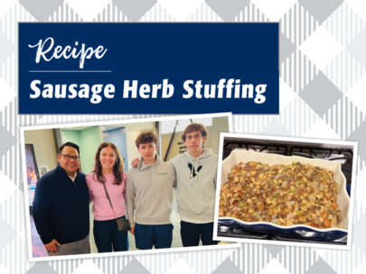 Graphic includes the words "Recipe" followed by "Sausage Herb Stuffing." Graphic also includes two photos: a photo of a family of four and a photo of sausage herb stuffing in a baking dish. The background of the graphic is gray-and-white checkered.