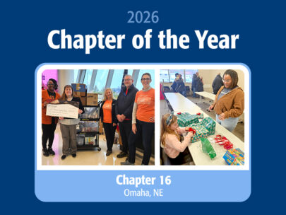 Graphic says "2026 Chapter of the Year" across the top, and "Chapter 16, Omaha, NE" across the bottom. In the middle are two photos of the chapter doing community service projects: One shows several people wearing orange shirts and standing around an oversized Woodmenlife check, and the other shows a woman and a young girl wrapping holiday gifts. The background of the graphic is dark blue.