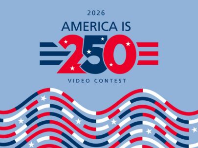 Graphic includes the words "2026 America Is 250 Video Contest." At the bottom of the graphic are wavy red, white, and blue lines, which are broken up occasionally by white stars. The graphic has a light blue background.