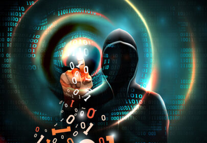 Graphic shows a hooded, ominous figure reaching forward and touching a transparent digital screen with 1s and 0s on it.