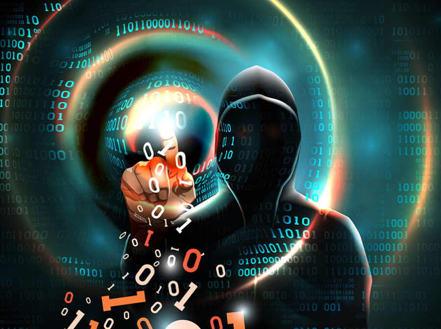 Graphic shows a hooded, ominous figure reaching forward and touching a transparent digital screen with 1s and 0s on it.