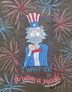 Uncle Sam in chalk with the message: I want you to wear a mask