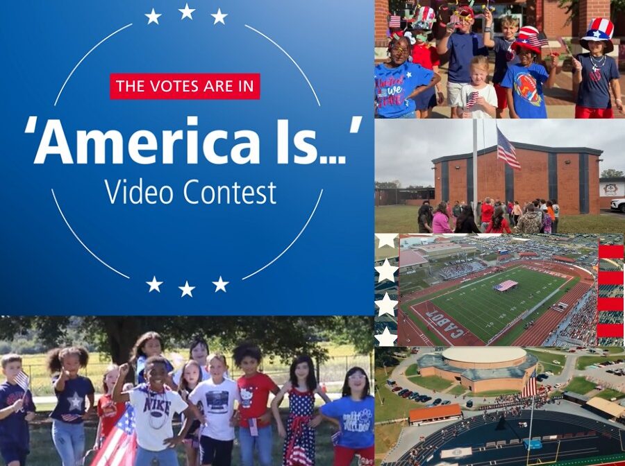 Graphic says "The votes are in" and "'America Is ...' Video Contest." Around the text, there are screengrabs from the winning videos, which include kids wearing red, white, and blue and holding American flags.