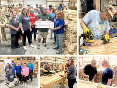 Image is a grid of five different photos. In the photos, WoodmenLife volunteers are in a warehouse, surrounded by stacks of 2x4 wood boards. In some photos, volunteers are using tools to cut and smooth the wood. In other photos, groups of volunteers are standing together, posing for a group picture. In the largest photo, a group is standing together with an oversized check, a donation for Beds for Kids.