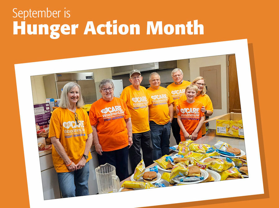 Image includes the words "September is Hunger Action Month." The background is orange, and it includes a snapshot of a group of seven people -- all wearing orange shirts that say "WeCare WoodmenLife Fight Hunger."