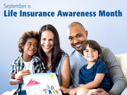 The image features a family -- a woman, a man, and two children. At the top of the image are the words "September is Life Insurance Awareness Month." The image has a light blue background.