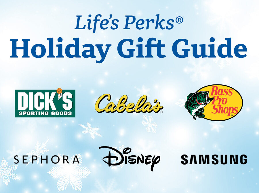 Graphic says "Life's Perks® Holiday Gift Guide." Below the words are the logos for several brands: Dick's Sporting Goods, Cabela's, Bass Pro Shop, Sephora, Disney, and Samsung. The background of the image is light blue with faint images of snowflakes.