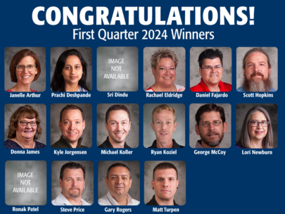 Graphic includes the words "Congratulations! First Quarter 2024 Winners" and the headshots of all the WeConnect award winners. The graphic has a dark blue background.
