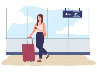 Illustration shows a woman walking in an airport with a suitcase in one hand and her cellphone in the other.