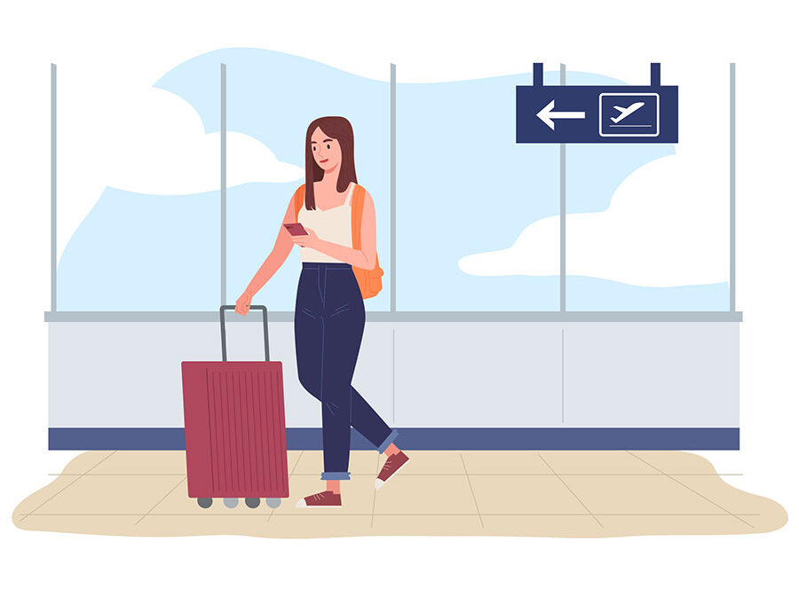 Illustration shows a woman walking in an airport with a suitcase in one hand and her cellphone in the other.