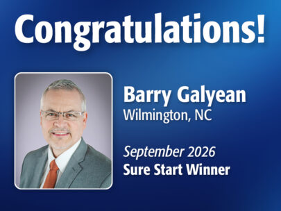 Image includes the text "Congratulations! Barry Galyean, Wilmington, NC, September 2026 Sure Start Winner." Image includes Barry's professional headshot and has a dark blue, textured background.