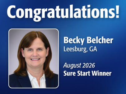 Image includes the text "Congratulations! Becky Belcher, Leesburg, GA, August 2026 Sure Start Winner." Image includes Becky's professional headshot and has a dark blue, textured background.