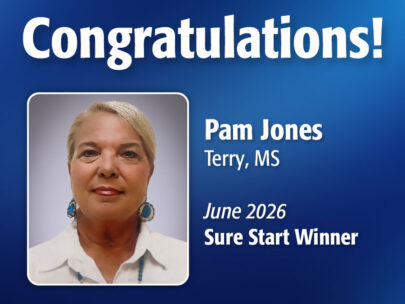 Image includes the text "Congratulations! Pam Jones, Terry, MS, June 2026 Sure Start Winner." Image includes Pam's professional headshot and has a dark blue, textured background.