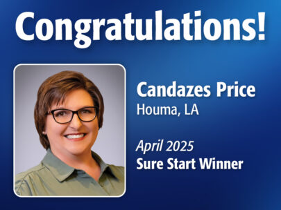 Image includes the text "Congratulations! Candazes Price, Houma, LA, April 2025 Sure Start Winner." Image includes Candazes's professional headshot and has a dark blue, textured background.