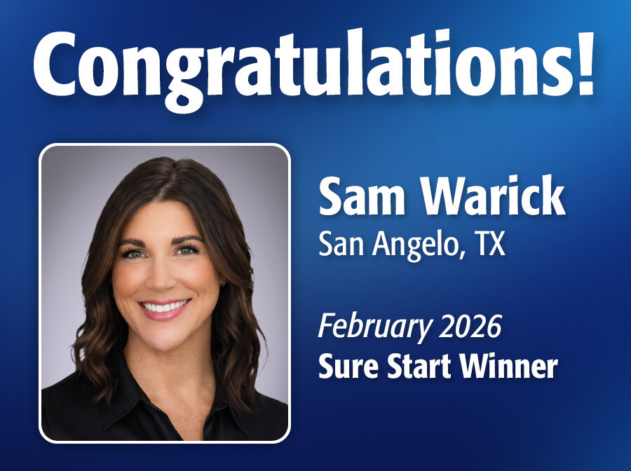 Image includes the text "Congratulations! Sam Warick, San Angelo, TX, February 2026 Sure Start Winner." Image includes Sam's professional headshot and has a dark blue, textured background.