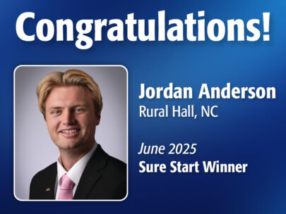 Image includes the text "Congratulations! Jordan Anderson, Rural Hall, NC, June 2025 Sure Start Winner." Image includes Jordan's professional headshot and has a dark blue, textured background.