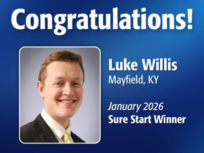 Image includes the text "Congratulations! Luke Willis, Mayfield, KY, January 2026 Sure Start Winner." Image includes Luke's professional headshot and has a dark blue, textured background.