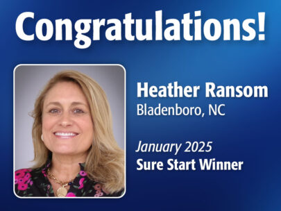 Image includes the text "Congratulations! Heather Ransom, Bladenboro, NC, January 2025 Sure Start Winner." Image includes Heather's professional headshot and has a dark blue, textured background.