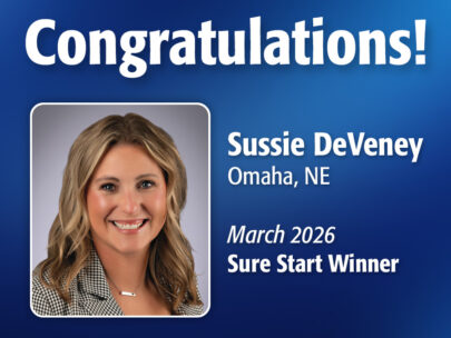 Image includes the text "Congratulations! Sussie DeVeney, Omaha, NE, March 2026 Sure Start Winner." Image includes Sussie's professional headshot and has a dark blue, textured background.